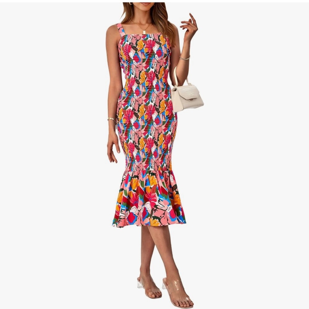 PRETTYGARDEN Womens Sleeveless Strappy Ruffle Hem Smocked Bodycon Dress Medium - Picture 8 of 8